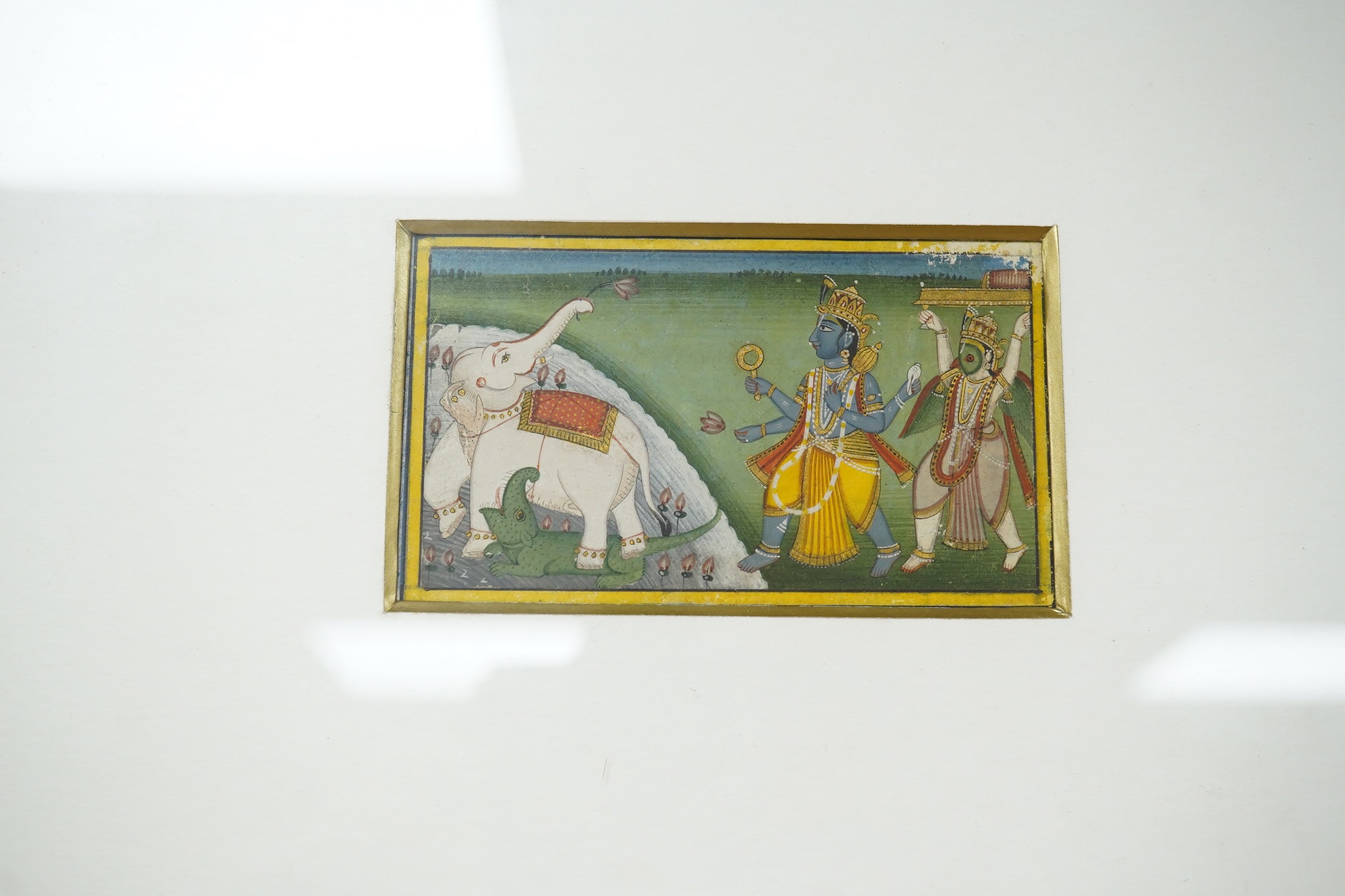 Rajastani miniature from Bundi, 18th century, Lord Krishna pursuing elephant, 5.5cm x 9.5cm. Condition - fair